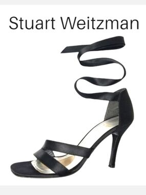 Stuart Weitzman Black Satin "Wrap Me Up" Open Toe Lace Up Heeled Sandals Sz 7½